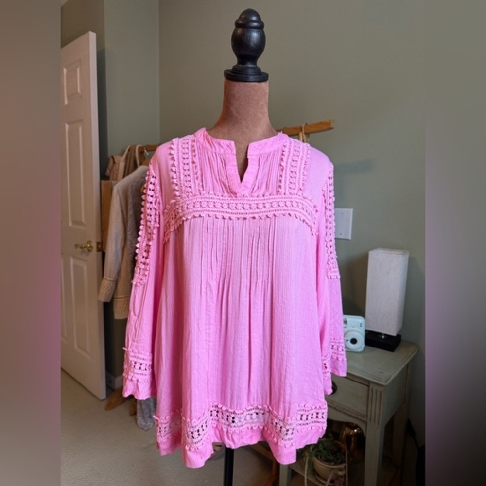 Crown & Ivy Pink Bell Sleeve Blouse with Bib Collar